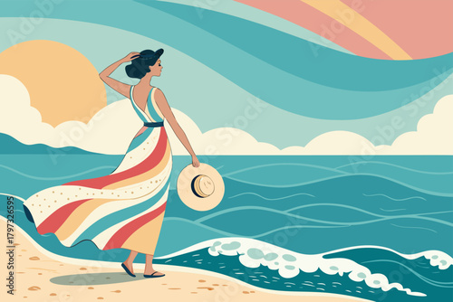 -woman-holding-sunhat-standing-near-calm-ocean-wav.eps