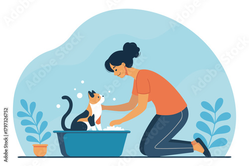 Woman gently bathes fluffy cat in a tiny porcelain tub, soft water splash, tender care, domestic bliss, pet grooming, hygiene.
