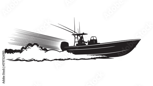 Dynamic silhouette of a fishing boat speeding across the water with waves, perfect for nautical designs, marine themes, or outdoor adventure branding, showcasing speed and freedom