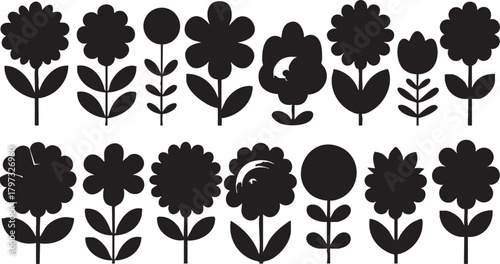 Black flower vector set: floral silhouettes, graphic design elements eps