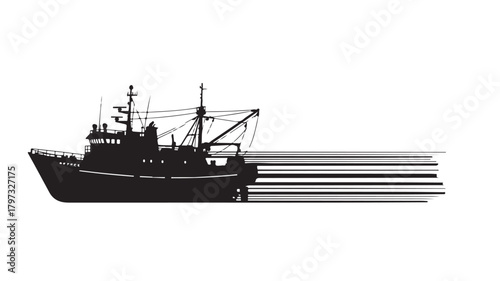 Dramatic silhouette of a commercial fishing trawler, ready for adventure on the high seas, perfect for nautical designs, maritime themes, and adventurous travel promotions