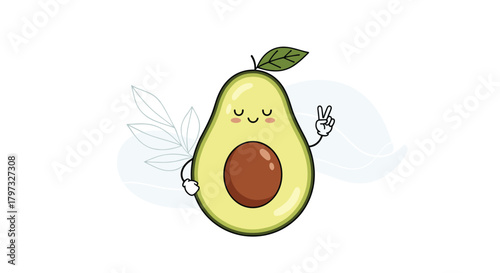 A friendly cartoon avocado, cut in half to reveal its prominent brown pit, smiles serenely with closed eyes and makes a peace sign, embodying healthy and peaceful living.