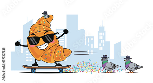 A cool croissant character wearing sunglasses and sprinkles rides a skateboard through a city, leaving a colorful trail for fedora-wearing pigeons.