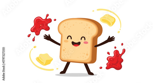 A cheerful cartoon slice of bread, personified with a happy face, arms, and legs, playfully interacting with flying pats of butter and splatters of strawberry jam on white.
