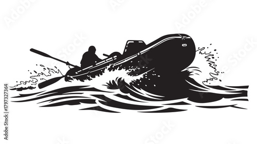 Exciting adventure awaits as a silhouette navigates a black rubber raft through choppy waters with paddle in hand, perfect for travel blogs and outdoor gear promotions