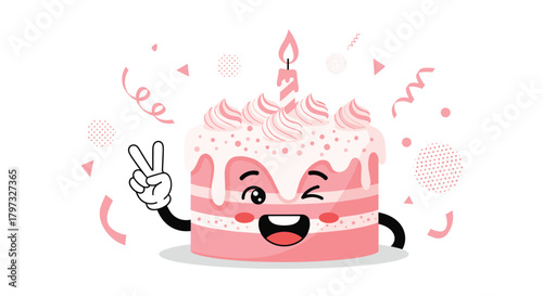 A cute cartoon pink birthday cake with a lit candle, winking and giving a peace sign, surrounded by festive confetti and streamers for a happy celebration.
