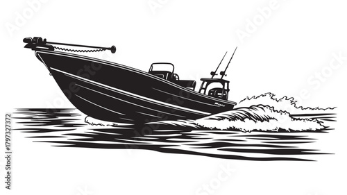 Powerful fishing boat cutting through choppy water, ready for a day of angling adventure and outdoor fun, perfect for nautical themes, marine adventures and angling enthusiasts