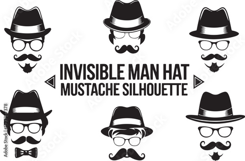 Invisible Man Hat Mustache Silhouette Set Retro Fedora, Glasses, and Vintage Style Icons
