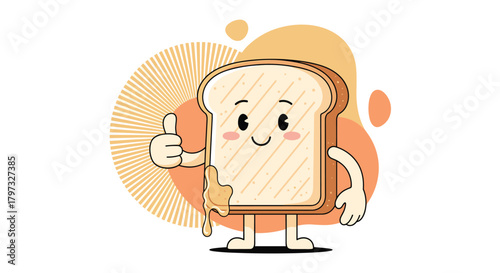 A cheerful cartoon slice of toast with a happy face and honey dripping, giving a thumbs-up gesture against an abstract background, symbolizing deliciousness and positivity.