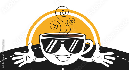 A cheerful coffee cup character wearing sunglasses stands on a road with steam rising, set against a sunrise or sunset backdrop, suggesting a morning commute or travel theme.