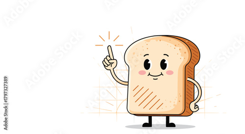 A cheerful cartoon slice of white bread with a happy face, arms, and legs, joyfully points its finger upwards, symbolizing a brilliant idea or concept.