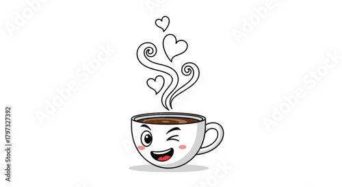 An adorable animated coffee cup features a joyful winking expression while delightful steam rises above it in elegant swirls and heart shapes, conveying love and coziness.