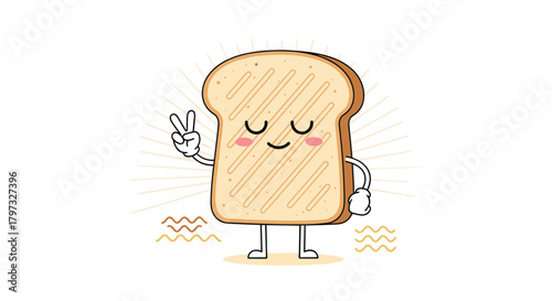 An adorable and cheerful cartoon slice of toast with a happy face makes a peace sign, radiating positive energy and warmth, perfect for a joyful design.
