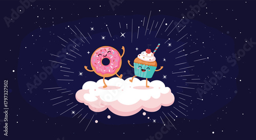 A smiling pink donut and a happy blue cupcake dance on a fluffy pink cloud under a starry night sky with radiant light streaks, creating a whimsical and joyful dessert scene.
