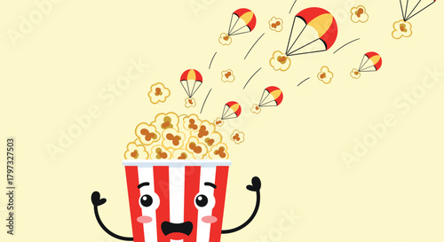 An animated popcorn box with wide eyes and open mouth appears surprised while popcorn pieces fly out with tiny parachutes, creating a whimsical scene.
