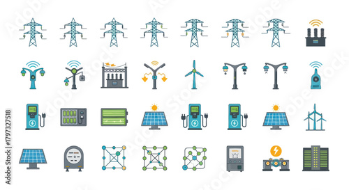 Collection of Icons Representing Electricity Generation and Distribution Infrastructure.