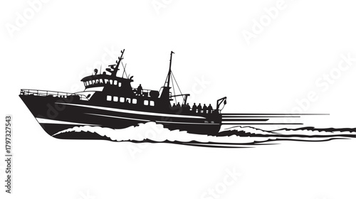 Dynamic silhouette of a fishing vessel speeding through choppy waters with a crew on deck, perfect for nautical themes, coastal promotions, or maritime history projects