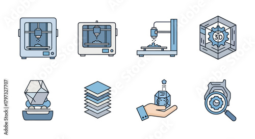 Collection of Illustrated 3D Printers and Related Elements.
