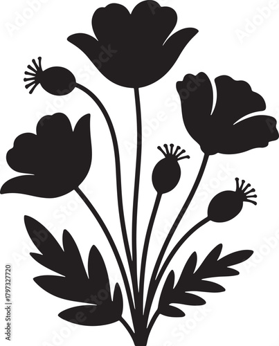 flowers buds and leaves on light Stylized black silhouette of background