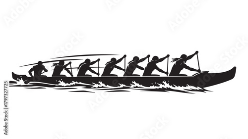 Dynamic outrigger canoe team racing across waves together showcasing teamwork and determination in a striking silhouette design perfect for sports branding and motivational themes