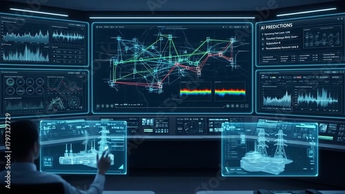Control room operator utilizing advanced AI technology and holographic displays for network and