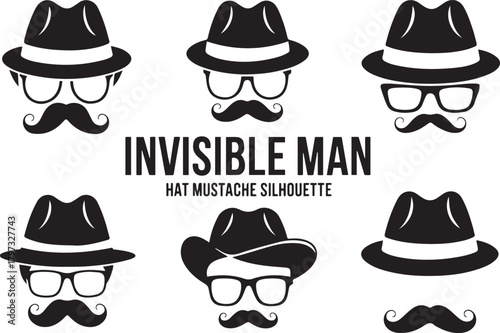 Invisible Man Hat Mustache Silhouette Set Retro Fedora, Glasses, and Vintage Style Icons
