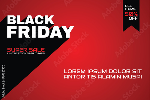 Bold black friday promotional banner with fifty percent off offer and striking red color scheme design