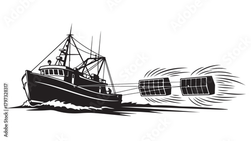 Dynamic fishing boat silhouette hauling traps, perfect for nautical designs, coastal themes, or maritime industry visuals, conveying power, tradition, and the spirit of the sea