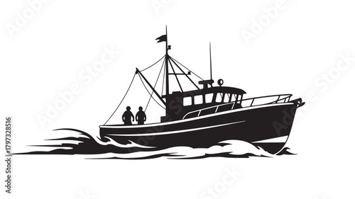 Dynamic fishing boat silhouette gliding through ocean waves with two figures aboard, perfect for nautical themes and maritime adventures, evoking freedom and exploration on the sea