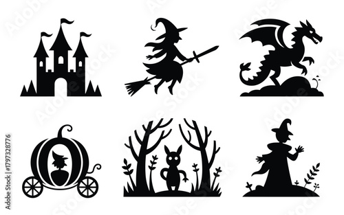 Halloween fantasy castle witch dragon pumpkin carriage forest creature vector