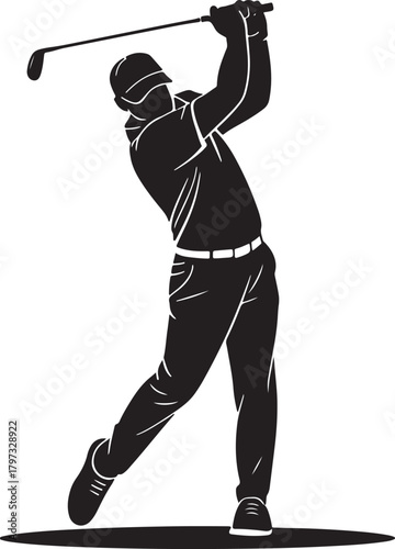 Golfer dynamic swing illustration on white silhouette background