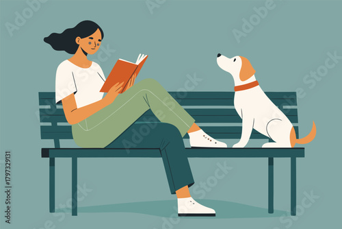 -woman-relaxing-on-park-bench-reading-book-with-do.eps