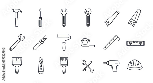 A collection of black and white line art icons representing various construction and repair hand tools.