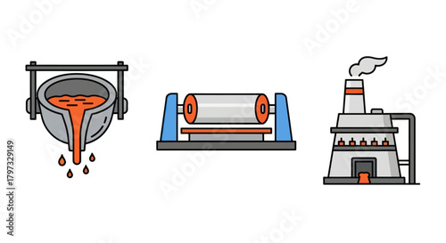 Industrial process icons: molten metal rolling mill and factory.