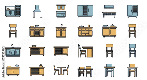 Collection of Colorful Illustrated Kitchen and Dining Room Furniture.