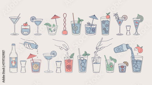 Hand drawn cocktail illustrations with garnishes and ingredients cocktails drinks
