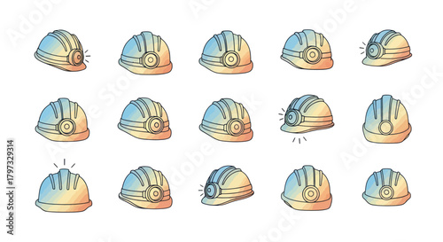 Collection of Hand-Drawn Construction Safety Helmets with Headlamps.