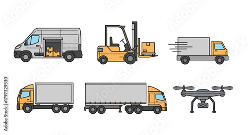 Set of logistics and delivery vehicles including trucks van forklift and drone.