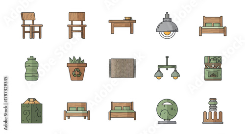 Collection of Rustic Furniture and Home Decor Icons in a Flat Design Style.