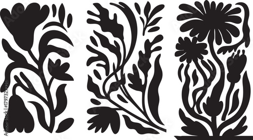 Black and white floral vector art: abstract flower and plant illustrations eps silhouette