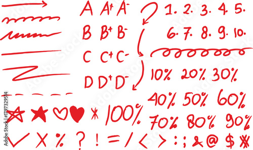 Red hand drawn marker elements set on black background