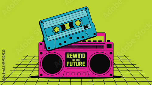 Vibrant 80s retro boombox and cassette tape evoke nostalgia for classic music and vintage style, perfect for throwback designs and retro themes