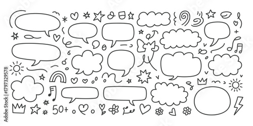 Hand drawn doodle speech bubbles and whimsical elements clouds