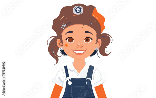 Illustration of a happy young girl with brown hair, wearing overalls and a white shirt, with an orange hair accessory