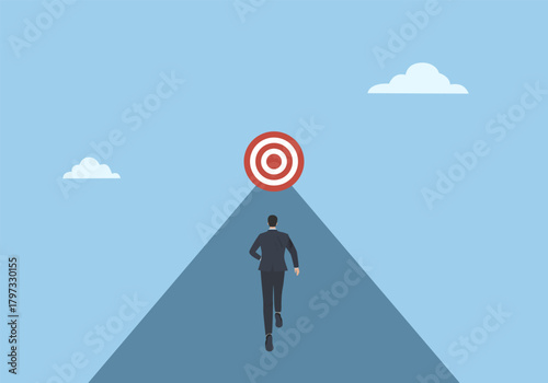 Road to success, Business growth, Skill or ability competition to succeed in a career or job, Businessman in suit holding briefcase running along arrow, Flat vector design illustration.