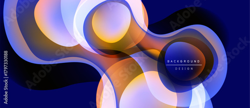 Abstract fluid shapes overlap, creating vibrant color gradients. Blue background contrasts warm orange, yellow hues. Modern design element.