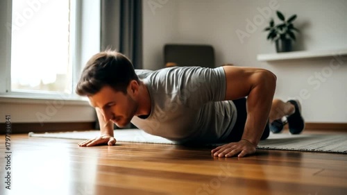 Man doing push-ups at home, fitness, exercise, workout, healthy lifestyle, strength training.