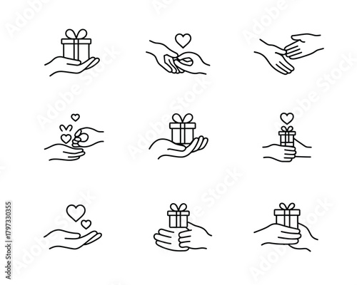 Hands offering gifts and hearts giving receiving