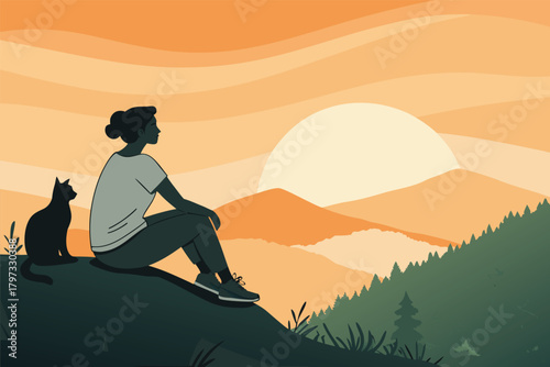Serene woman on a grassy hill, silhouetted against a vibrant sunset, with her feline companion peacefully by her side, evoking tranquility and connection with nature.