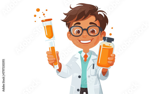 A cheerful young cartoon scientist with glasses, dressed in a lab coat, happily holding a test tube and a bottle with an orange liquid for a chemistry experiment